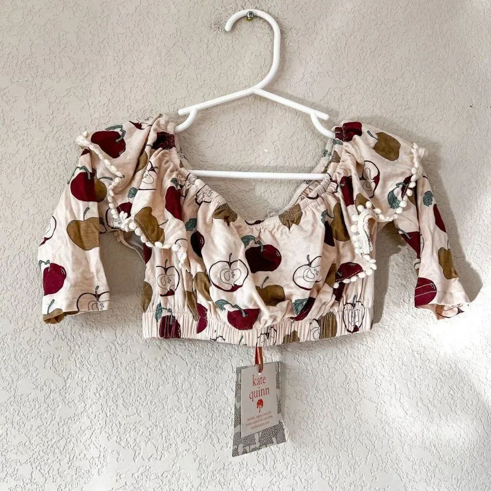 NWT! Kate Quinn Apples Print Long Sleeve Ruffle Crop Top, Size 6-12M
